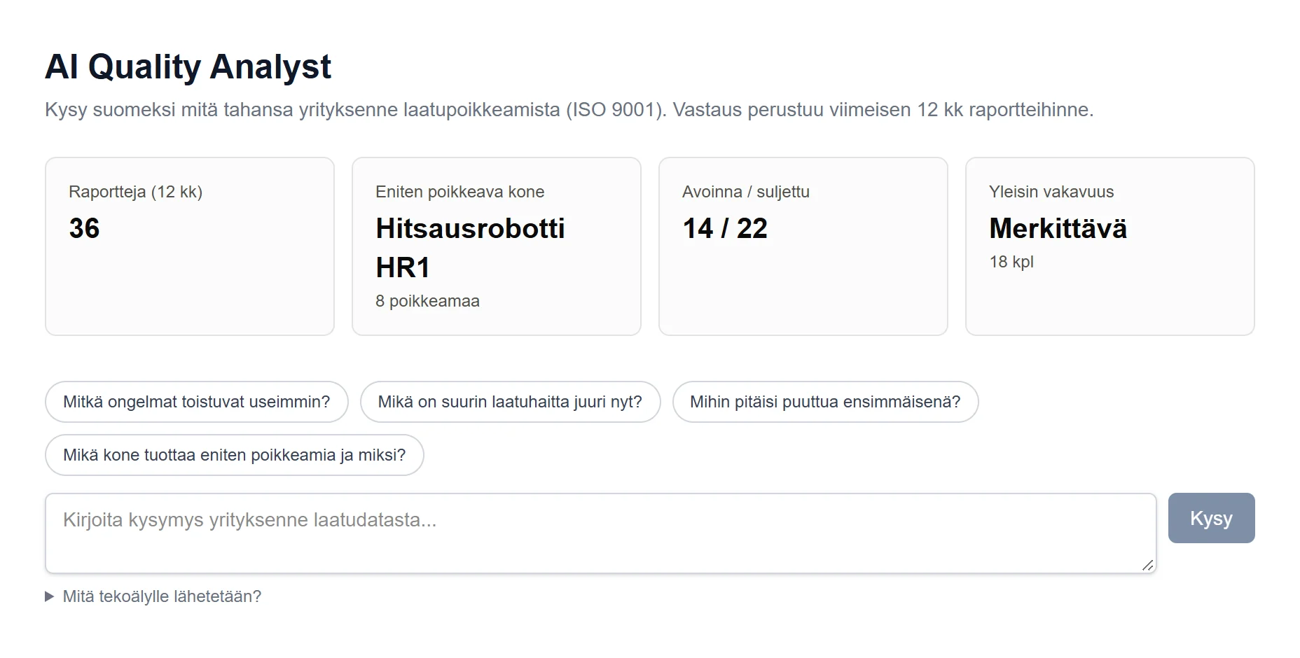 AI-analyysin valmiit tunnusluvut ja kysymysehdotukset