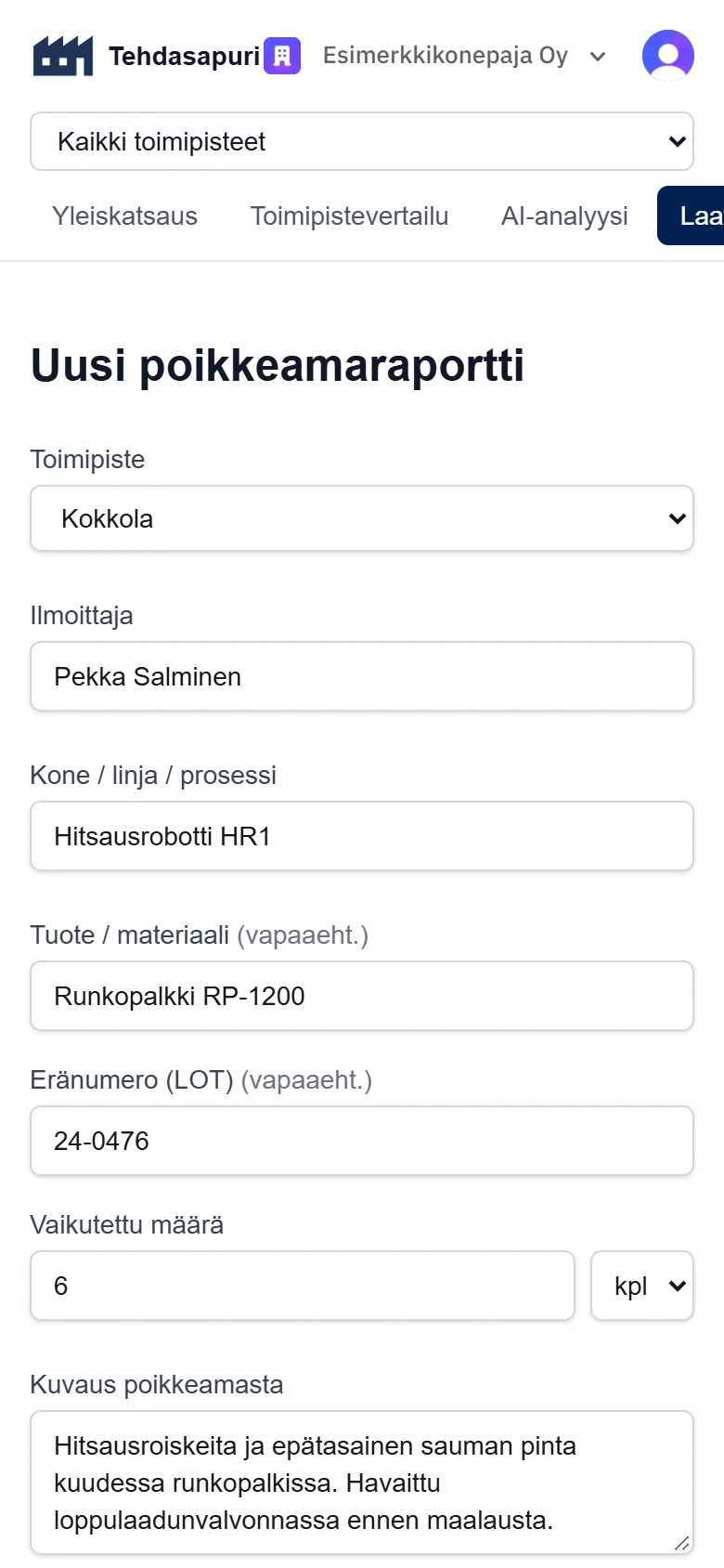 Uuden poikkeamaraportin lomake puhelimella täytettynä