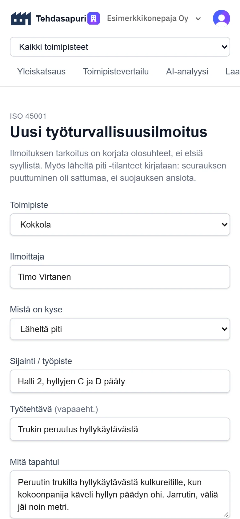 Läheltä piti -ilmoituksen lomake puhelimella täytettynä